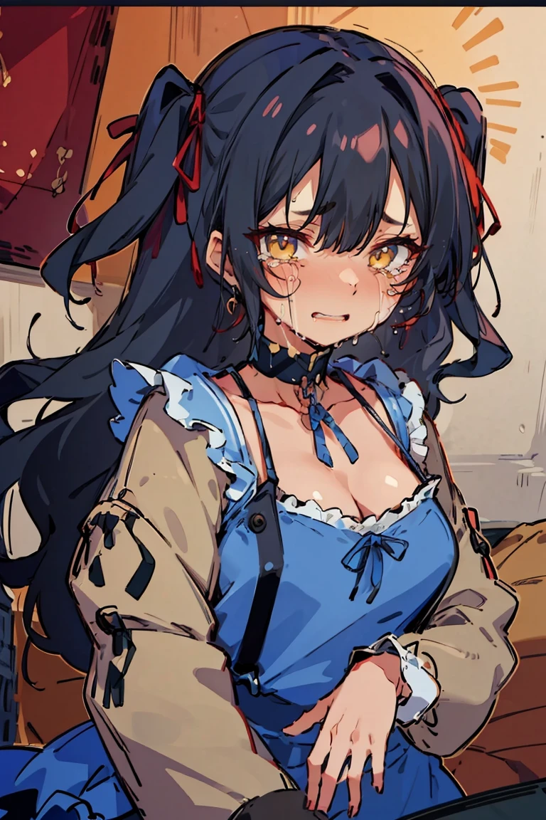 (masterpiece:1.2), (high quality:1.2), (hui xiyi:0.7)rekkyo sensen, rekkyou sensen, girls with((black hair, bangs, (one side up, long wavy hair:1.55), hand up, waving is hands, perfect hands, perfect fingers, exposed breasts, tits cleavage, breasts close up, dress((suspenders, dress, blue camisole dress, belts, blue clothes, frills shirt, black underwear and silver choker, khaki hoodies jacket, long sleeves, straps, handcuffs, chain, ribbon:1.2)), upper body)), background with((bedding, futon, jail, prison:1.45))