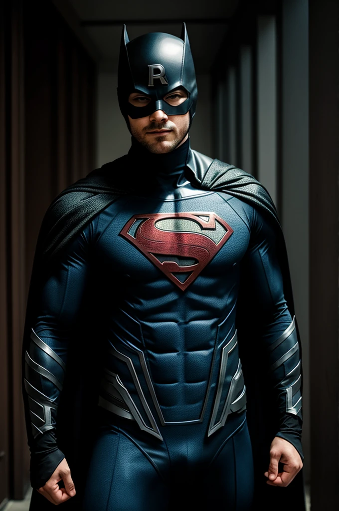 A guy in a dark superhero custome
