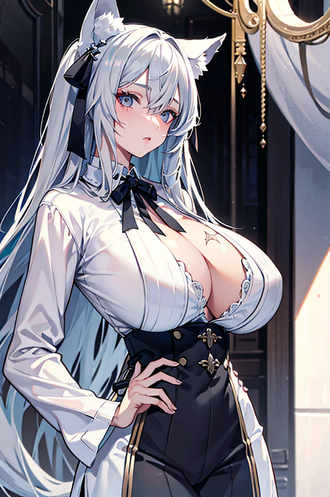 best qualtiy,tmasterpiece,The is very detailed,4K,Gray hair and shallow eyes,Drag cool expressions,Wolf ears,Erect scar on the left eye,British style,1girl,Absolutely beautiful, huge breasts, white costume, animal ear ribbon
