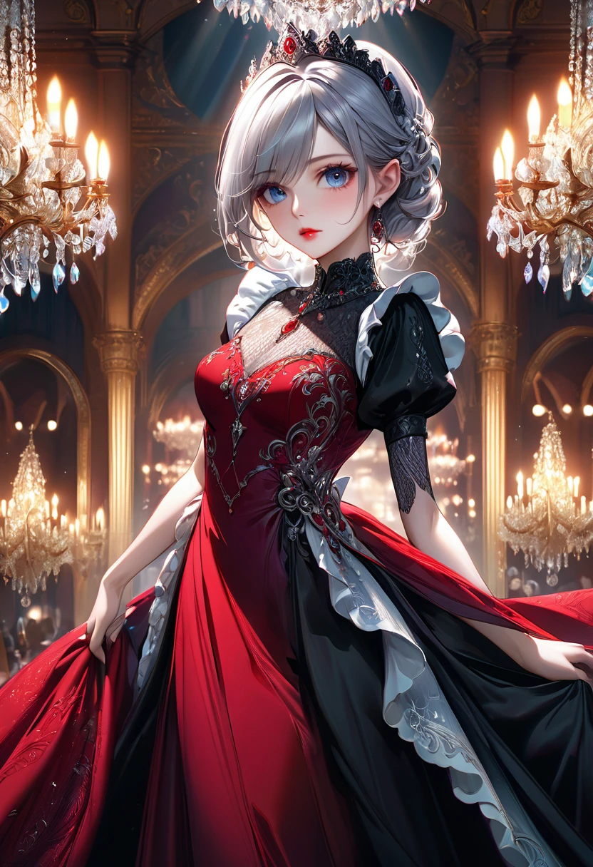simple maid following a A noble half-elf girl, beautiful detailed eyes, beautiful detailed lips, extremely detailed face, long eyelashes, elegant red blood dress, luxurious jewelry, graceful posture, magical aura, ornate ballroom, crystal chandeliers (best quality,4k,8k,highres,masterpiece:1.2),ultra-detailed),digital painting, cinematic lighting, dramatic shadows, warm color palette
