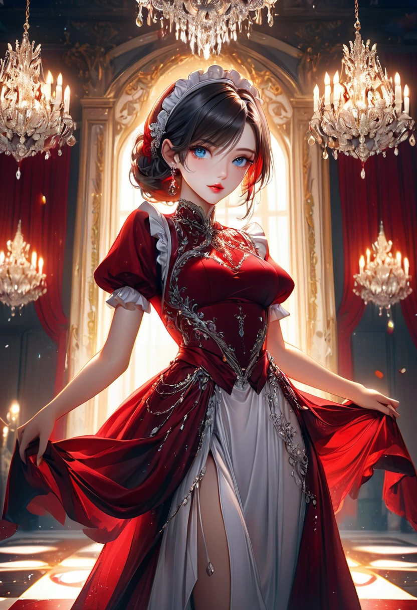 simple maid following a A noble half-elf girl, beautiful detailed eyes, beautiful detailed lips, extremely detailed face, long eyelashes, elegant red blood dress, luxurious jewelry, graceful posture, magical aura, ornate ballroom, crystal chandeliers (best quality,4k,8k,highres,masterpiece:1.2),ultra-detailed),digital painting, cinematic lighting, dramatic shadows, warm color palette