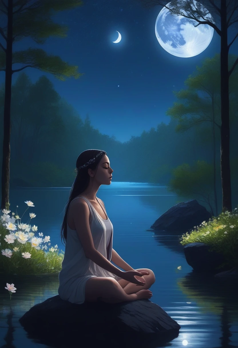 a photo of Dasha Taran, ohwx woman,A beautiful detailed figure of Dasha Taran meditates in a serene environment inspired by nature. She is sitting on a rock in the middle of a body of water, in a quiet forest, surrounded by a variety of flowers and plants. The woman looks up, eyes closed, as she concentrates on the large bright moon hanging above her. The night sky, dark blue celestial glow, filled with stars, provides a tranquil backdrop to this scene. The glow of moonlight Global illumination! World seen only through a cosmic portal