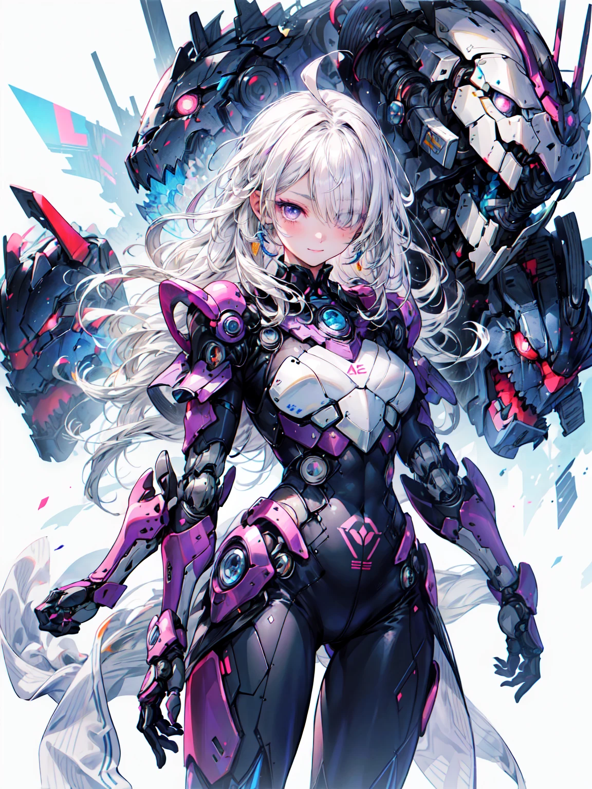 Posing woman with helicopter tattoo, Anime art style, Michael Cormark, Eerily Realistic, Not Goth, Jim Burns, Dark romantic illustration, Serzh Marshennikov、（Cowboy Shot:1.3）、Organic Armor Cyborg、Machine Armor、Blake、（Dark Elf), (1 Girl), alone, Perfect Face, Get used to it, Ahoge, ((Long Hair:1.2)), (Hair above one eye:1.3), [[Messy Hair]], Shiny blonde white hair, Purple eyes, Variegated eyes, Colorful Hair, Shining Eyes, (eyelash, eye shadow, pink eye shadow), bright, smile, Design Art：Haruhiko Mikimoto, by Kawashi, By Yoshitaka Amano