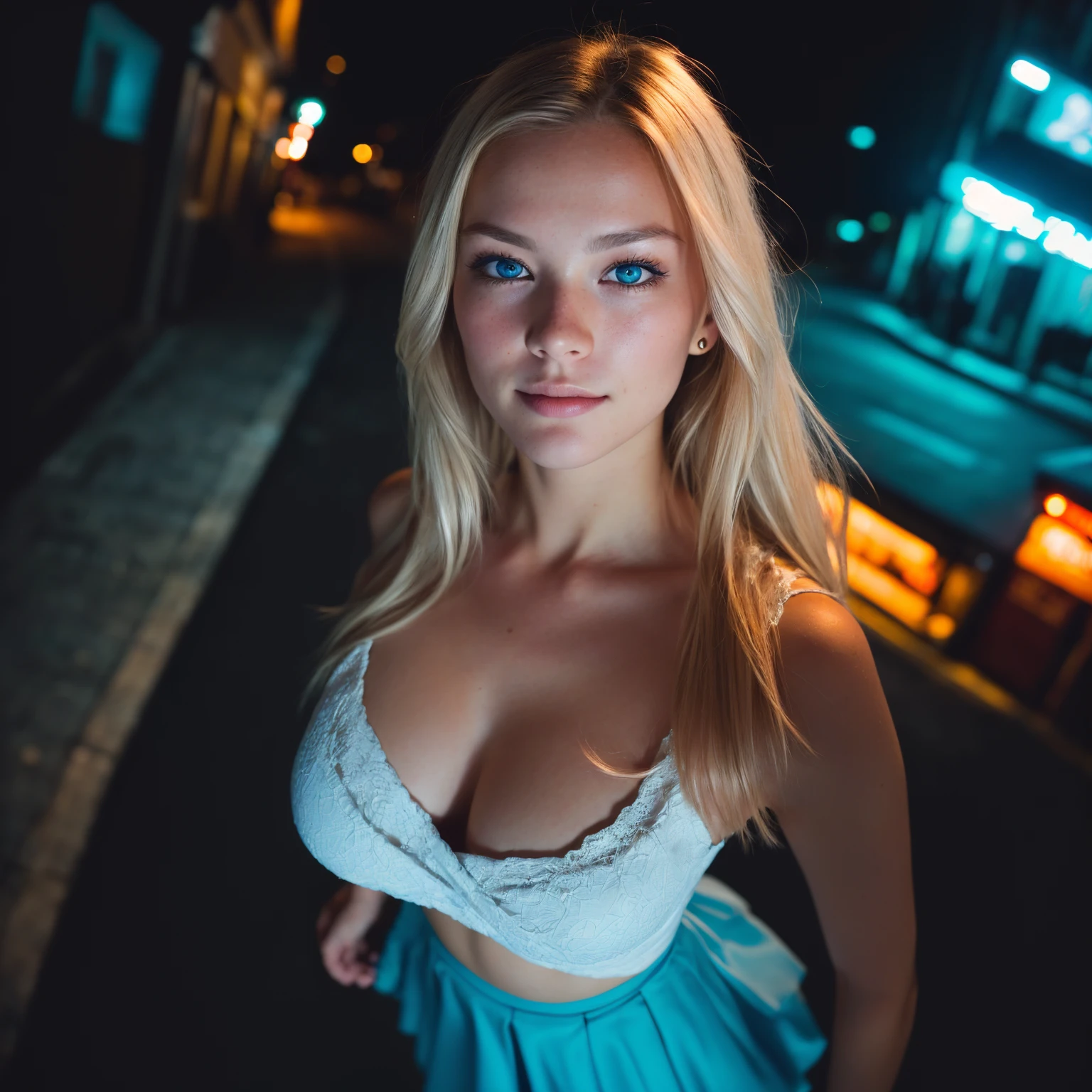 (Selfie, top view: 1.4), (Half of the body is straight: 1.4), RAW UHD portrait photo of a 24-year-old blonde (Blue Eyed Woman) Walking down a dark alley, Large Breasts,, city at night, (skirt), (Neckline), detail (Texture! , hair! , flash, color!! , shortcoming: 1.1), 具有高detail的光泽眼睛 (Looking at the camera), SLR Lighting, SLR camera, Ultra-high quality, sharpest, Depth of Field, Film Grain (center), Fuji XT3, Crystal clear, frame center, Pretty Face, Clear focus, Street Lights, Neon, Bokeh (Dark), night, (night sky), Fine skin pores, Oily skin, sunburn, complex eye detail, whole body, Large Breasts