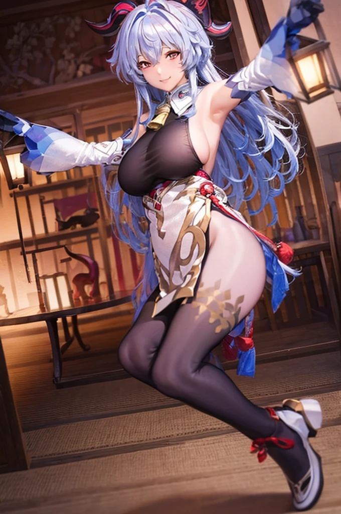 masterpiece)),((Highest quality)),High resolution,Highly detailed CG,Perfect lighting,8k wallpaper、One Woman, alone、Very large breasts、Very large breasts、Sideboob、very thick legs、smile、Looking into the camera、Show your armpits、Raise your arms