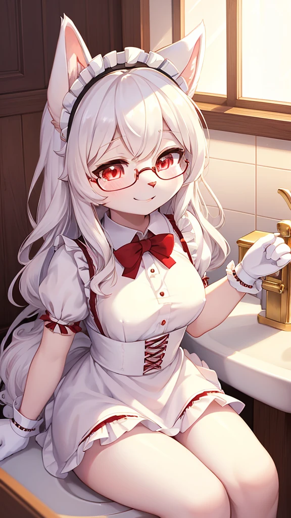 best quality,Optimal resolution,(Fluffy anthropomorphic furry :1.6),(young :1.6),White Rabbit Girl,Small Breasts,White hair,Long hair,curls,Curly hair,White rabbit ears,White rabbit tail,White fur,Red Eyes,Sparkling eyes,Shining eyes,Glasses,Bow,maid outfit,Maid headdress,Maid gloves,Ruffles,Beautiful cafe toilet,White light,Looking at the audience,Full flush,s face,Smile,heart shape eye,Heart shaped eyes,shiny ,Eyes very close,Close your eyes,Sexy pose,Shy,Sitting on the toilet,