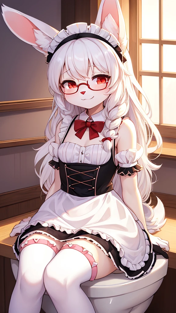 best quality,Optimal resolution,(Fluffy anthropomorphic furry :1.6),(young :1.6),White Rabbit Girl,Small Breasts,White hair,Long hair,curls,Curly hair,White rabbit ears,White rabbit tail,White fur,Red Eyes,Sparkling eyes,Shining eyes,Glasses,Bow,maid outfit,Maid headdress,Maid gloves,Ruffles,Beautiful cafe toilet,White light,Looking at the audience,Full flush,s face,Smile,heart shape eye,Heart shaped eyes,shiny ,Eyes very close,Close your eyes,Sexy pose,Shy,Sitting on the toilet,