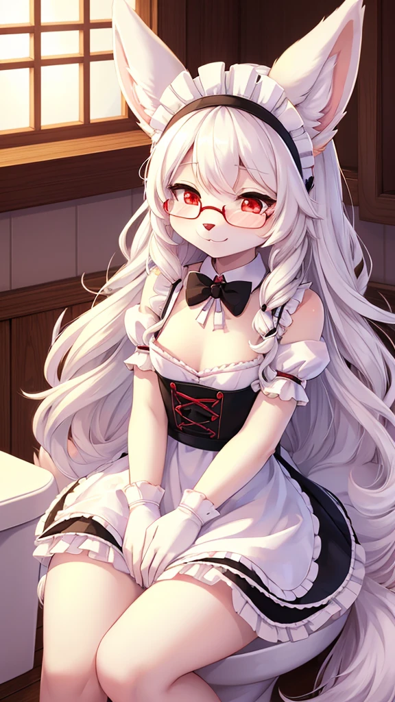 best quality,Optimal resolution,(Fluffy anthropomorphic furry :1.6),(young :1.6),White Rabbit Girl,Small Breasts,White hair,Long hair,curls,Curly hair,White rabbit ears,White rabbit tail,White fur,Red Eyes,Sparkling eyes,Shining eyes,Glasses,Bow,maid outfit,Maid headdress,Maid gloves,Ruffles,Beautiful cafe toilet,White light,Looking at the audience,Full flush,s face,Smile,heart shape eye,Heart shaped eyes,shiny ,Eyes very close,Close your eyes,Sexy pose,Shy,Sitting on the toilet,