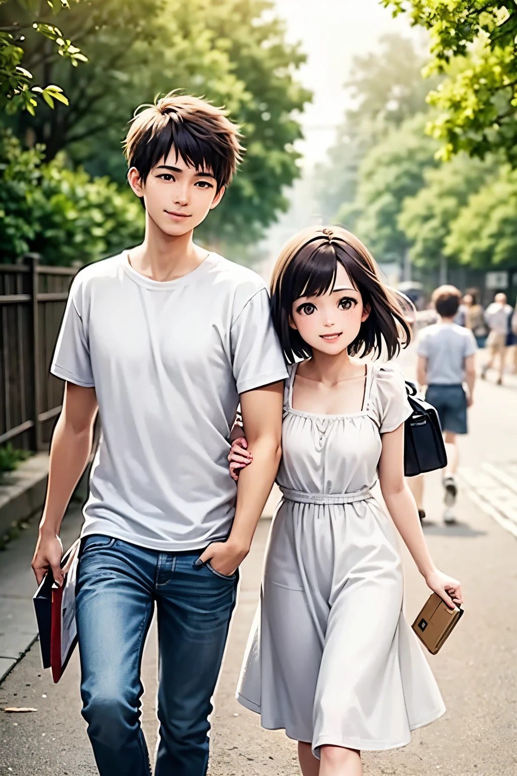 happy couple walking home from school, carrying books, sunny street background, 1boy, boy is smiling, has messy dark hair, wearing jeans and a tee shirt, 1 girl, young blonde 18 years old, white sundress, touching boys shoulder, carttoon quality