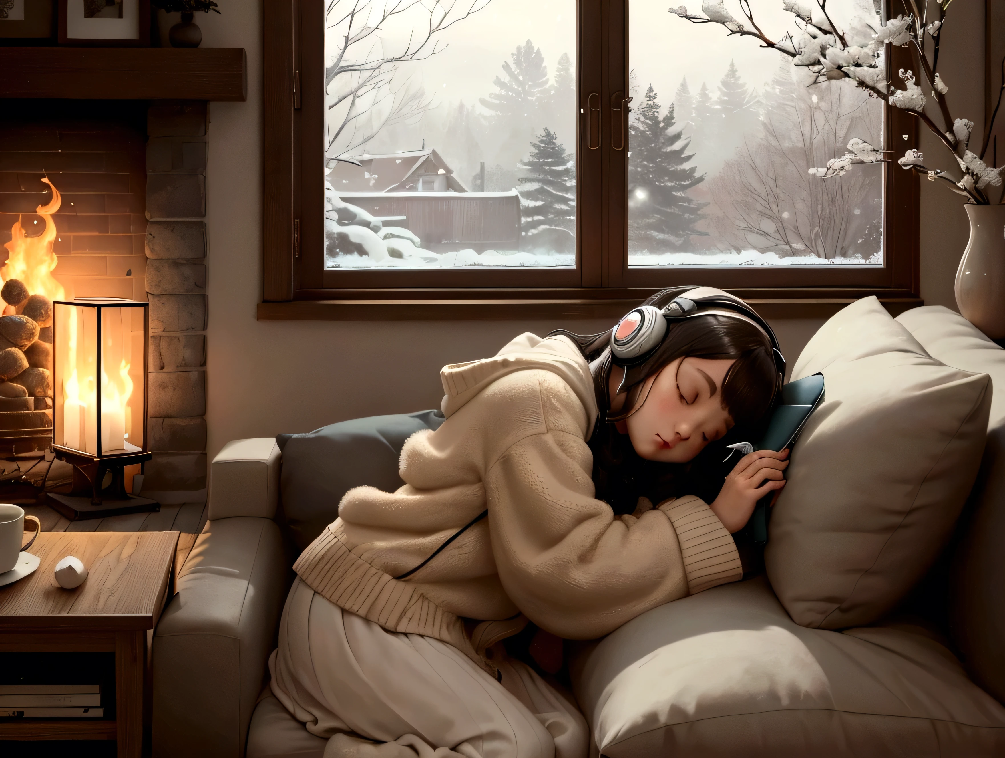 in a warm living room,A young woman wearing headphones,Concentrate on writing in your diary。She is sitting on a comfortable sofa,There is a puppy curled up and sleeping quietly next to you。Outside the window is the scene of snowflakes flying,Fire is burning in the fireplace,The room is filled with warm light and a cozy atmosphere。The entire scene creates a homely comfort and focused writing environment。