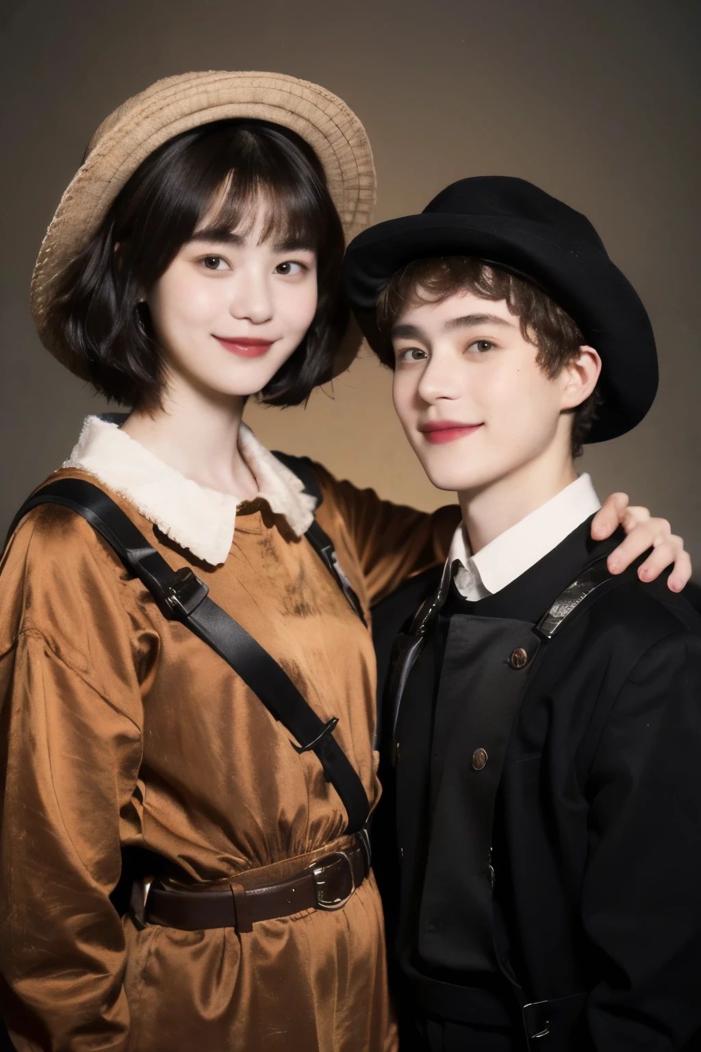 252 (An 18-year-old female and an 18-year-old male), (short hair),kind, lipstick, (Rembrandt-style painting), smile