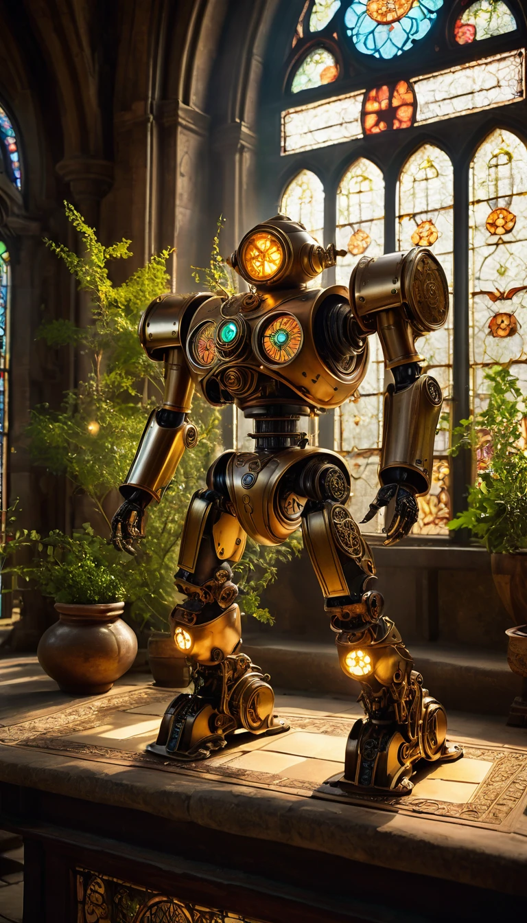 (best quality,4k,8k,highres,masterpiece:1.2),ultra-detailed,(realistic,photorealistic,photo-realistic:1.37),medieval monastery garden,steampunk robot monk,beautiful ornate architecture,steampunk machinery and gears,exquisite stained glass windows,enchanted flower garden,ancient stone walkway with intricate carvings,glowing candles and dimly lit atmosphere,steam and smoke billowing from the machinery,mystical atmosphere,peaceful and serene setting,mechanical wings attached to the robot monk's back,robot monk with intricate clockwork mechanisms,electromechanical eyes glowing with energy,warm golden color palette,gentle sunlight streaming through the stained glass windows,whispering sound of wind and rustling leaves,the scent of aged books and incense,notes of ancient Gregorian chants echoing in the air,sense of awe and tranquility,combination of futuristic and medieval elements,harmony of technology and spirituality.