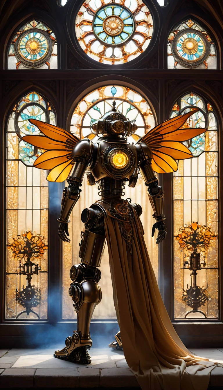 (best quality,4k,8k,highres,masterpiece:1.2),ultra-detailed,(realistic,photorealistic,photo-realistic:1.37),medieval monastery garden,steampunk robot monk,beautiful ornate architecture,steampunk machinery and gears,exquisite stained glass windows,enchanted flower garden,ancient stone walkway with intricate carvings,glowing candles and dimly lit atmosphere,steam and smoke billowing from the machinery,mystical atmosphere,peaceful and serene setting,mechanical wings attached to the robot monk's back,robot monk with intricate clockwork mechanisms,electromechanical eyes glowing with energy,warm golden color palette,gentle sunlight streaming through the stained glass windows,whispering sound of wind and rustling leaves,the scent of aged books and incense,notes of ancient Gregorian chants echoing in the air,sense of awe and tranquility,combination of futuristic and medieval elements,harmony of technology and spirituality.