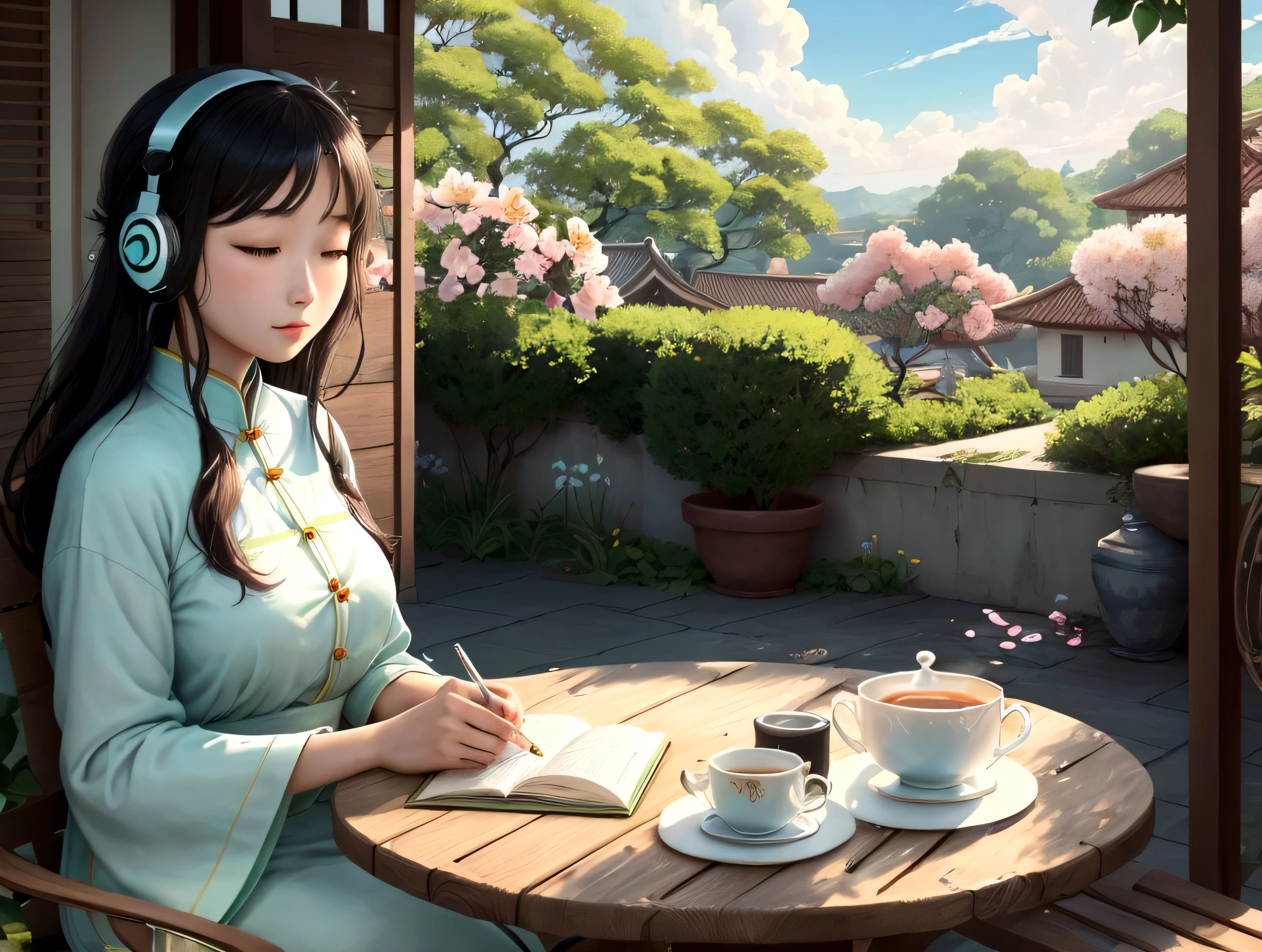On an idyllic terrace,A young woman wearing headphones,Concentrate on writing in your notebook。She is surrounded by blooming flowers and green plants,Green fields and blue sky and white clouds can be seen in the distance。gentle breeze blowing,There is a cup of tea and some books on her table。The whole scene gives a peaceful and focused feeling of being in harmony with nature。