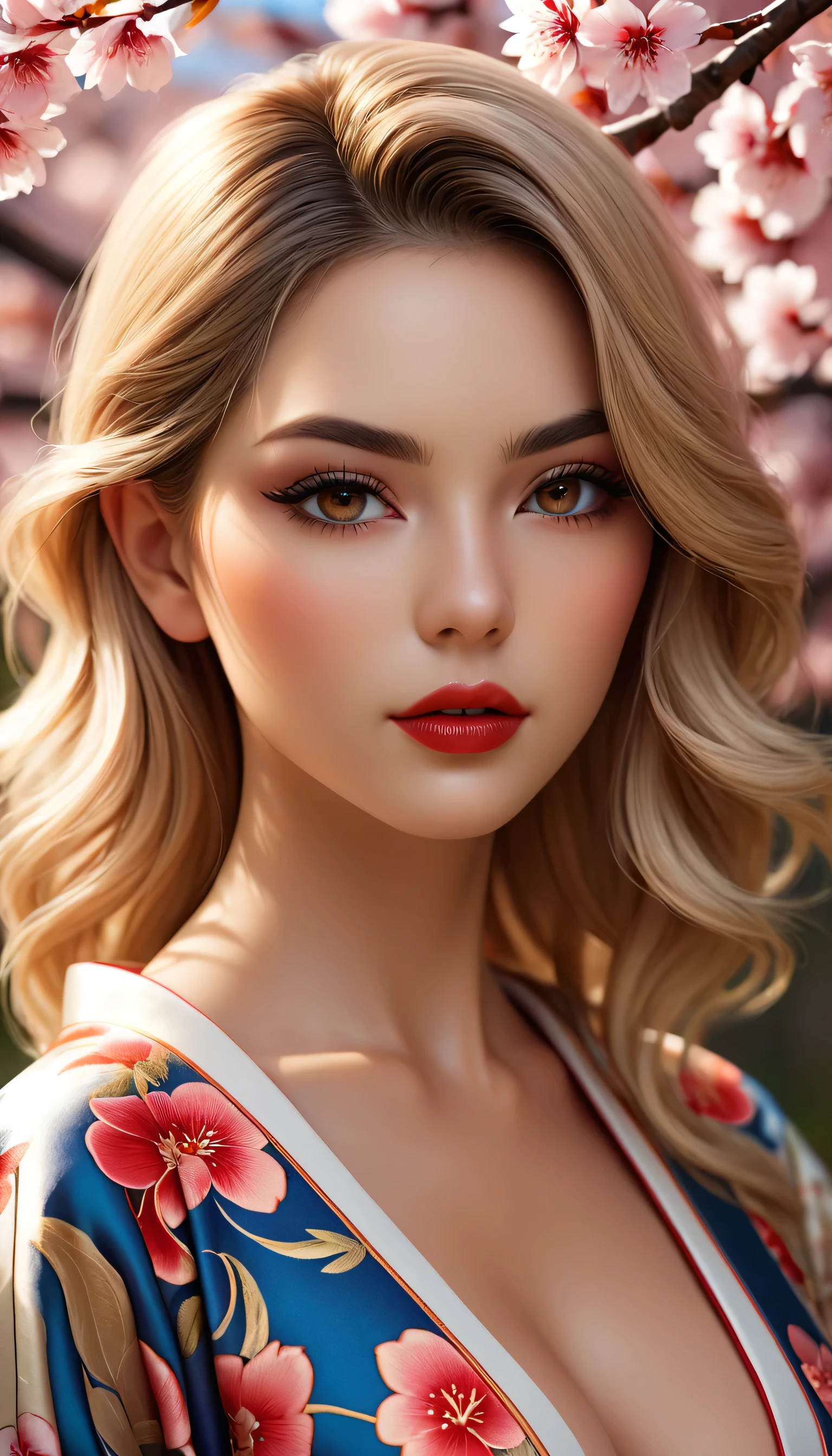 Divide Ratio : 1,1,1 Base Ratio: (portrait),beauty (mixed girls) in (highly detailed 32k absurd art of a ((girl 18-year-old)) ),fashion supermodel,(best high quality real texture skin:1.3),(best quality texture hair:1.4),BREAK,((short blonde hair ((slicked to the side)) extremely detailed:1.3)),((outside,an orchard of blooming cherry trees:1.3)),(best high quality:1.4),(photo realistic:1. 5),(Hyperrealism:1.5),((sharp focus)),(highest resolution),((soft neon lighting on the face and body)),(perfect proportions),(anatomically correct),(perfect female body),(firm normal full breasts:1.3),slim face,beautiful cheekbones,((slim,swell-muscled body:1.24)),(Super beautiful face),(realistic face),(highly detailed face:1.5),absurd(ultra detailed eyes), finely detailed face,finely quality eyes,(tired and sleepy and satisfied:0.0),(close up of a woman's eye with a digital rendering),realistic eyes,perfect round eyes,finely detailed pupils,(brown_eyes:1.28),BREAK,detailed lips:1.3,dark_makeup:1.18, long_blue_eyeliner:1.25, (red_lipstick:1.25),perfect dark_eyeshadows:1.45, there a close up of a woman's, (super detailed makeup on eyes:1.3), iridescent eyes, with professional makeup, vibrant eyes:1.2, (Detailed nose:1.2),BREAK,((super extravagant ((cut kimono cute)) wear)),BREAK,makeup:1.22,BREAK,/(random u%u top:1.13),/exquisite balance of shadows,perfect composition,((upper body shot:1.3)),(((look at the viewer))), Hasselblad, 50mm f/2.2