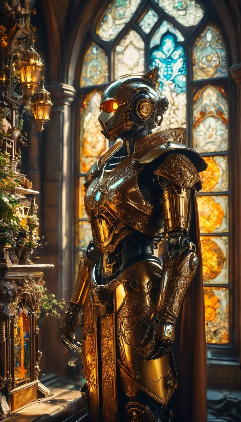 (best quality,4k,8k,highres,masterpiece:1.2),ultra-detailed,(realistic,photorealistic,photo-realistic:1.37),medieval monastery garden,steampunk robot monk,beautiful ornate architecture,steampunk machinery and gears,exquisite stained glass windows,enchanted flower garden,ancient stone walkway with intricate carvings,glowing candles and dimly lit atmosphere,steam and smoke billowing from the machinery,mystical atmosphere,peaceful and serene setting,mechanical wings attached to the robot monk's back,robot monk with intricate clockwork mechanisms,electromechanical eyes glowing with energy,warm golden color palette,gentle sunlight streaming through the stained glass windows,whispering sound of wind and rustling leaves,the scent of aged books and incense,notes of ancient Gregorian chants echoing in the air,sense of awe and tranquility,combination of futuristic and medieval elements,harmony of technology and spirituality.