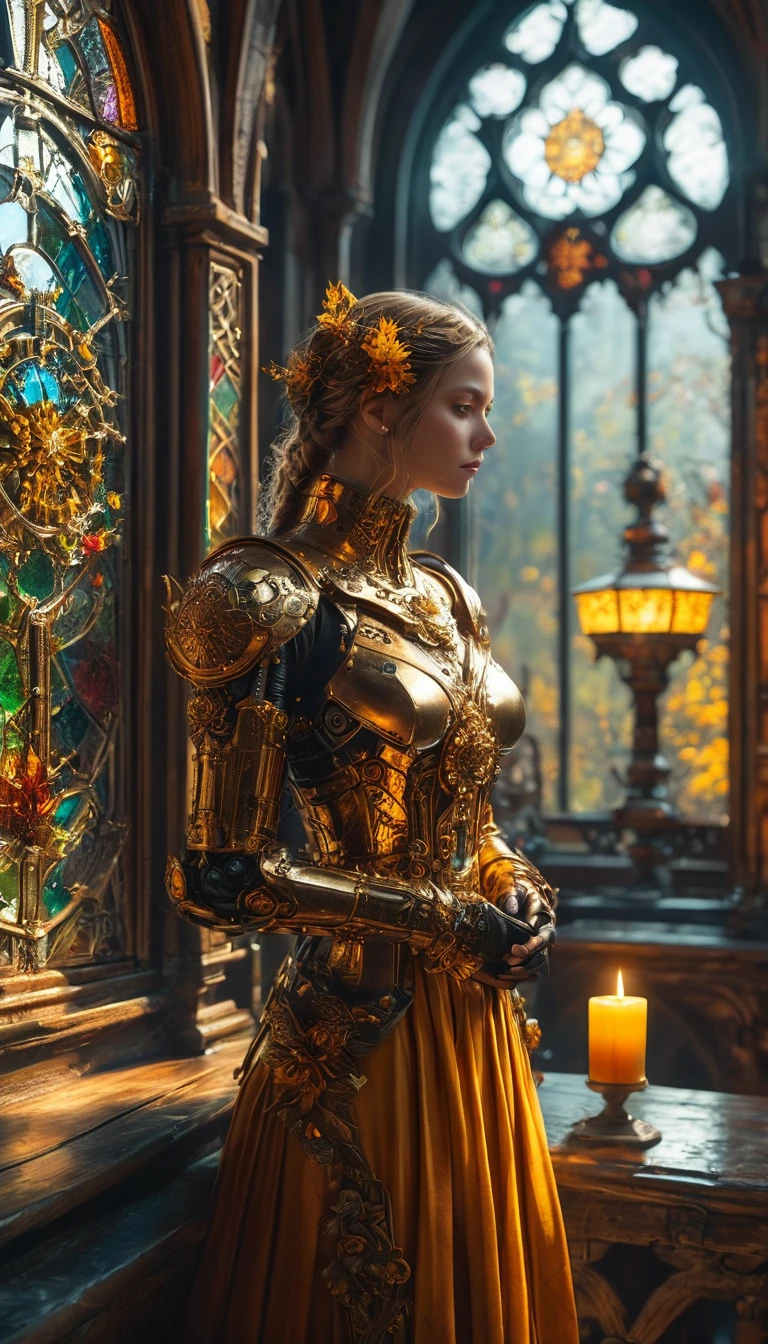 (best quality,4k,8k,highres,masterpiece:1.2),ultra-detailed,(realistic,photorealistic,photo-realistic:1.37),medieval monastery garden,steampunk robot monk,beautiful ornate architecture,steampunk machinery and gears,exquisite stained glass windows,enchanted flower garden,ancient stone walkway with intricate carvings,glowing candles and dimly lit atmosphere,steam and smoke billowing from the machinery,mystical atmosphere,peaceful and serene setting,mechanical wings attached to the robot monk's back,robot monk with intricate clockwork mechanisms,electromechanical eyes glowing with energy,warm golden color palette,gentle sunlight streaming through the stained glass windows,whispering sound of wind and rustling leaves,the scent of aged books and incense,notes of ancient Gregorian chants echoing in the air,sense of awe and tranquility,combination of futuristic and medieval elements,harmony of technology and spirituality.