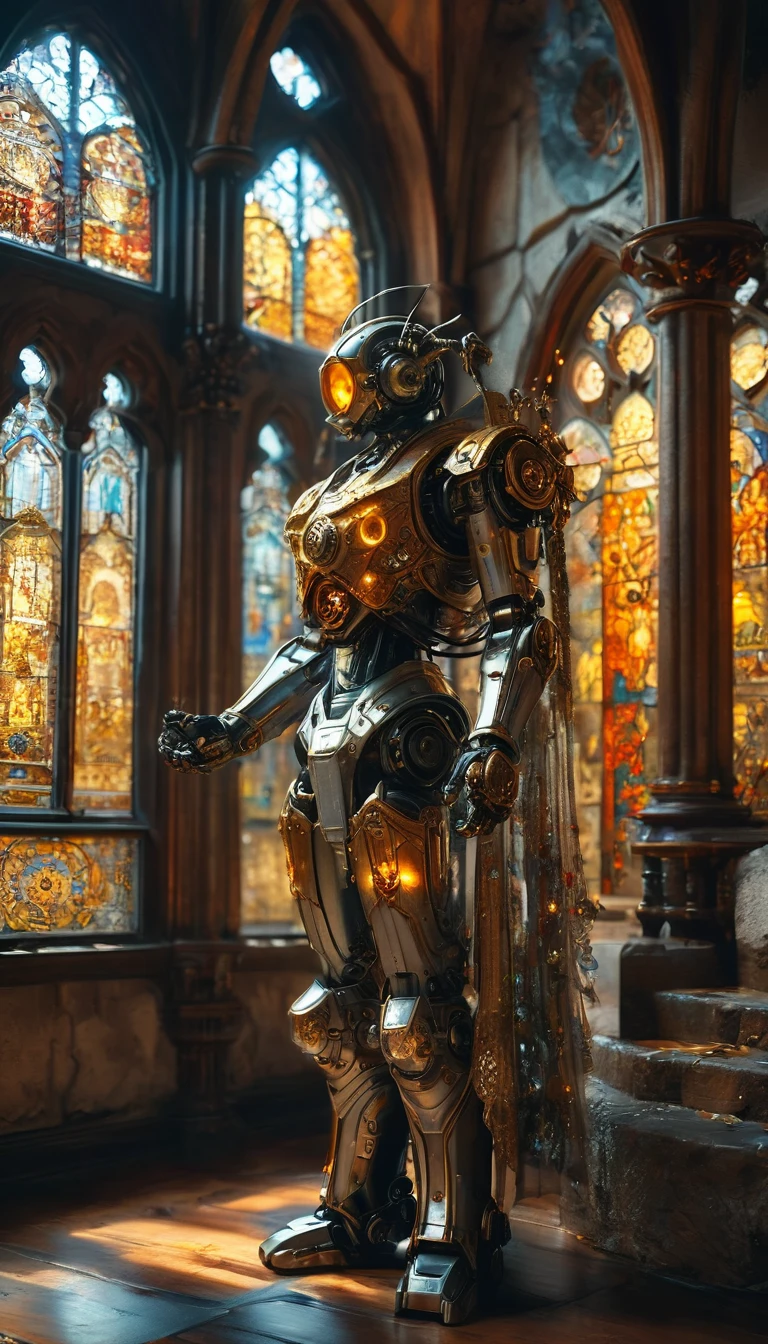 (best quality,4k,8k,highres,masterpiece:1.2),ultra-detailed,(realistic,photorealistic,photo-realistic:1.37),medieval monastery garden,steampunk robot monk,beautiful ornate architecture,steampunk machinery and gears,exquisite stained glass windows,enchanted flower garden,ancient stone walkway with intricate carvings,glowing candles and dimly lit atmosphere,steam and smoke billowing from the machinery,mystical atmosphere,peaceful and serene setting,mechanical wings attached to the robot monk's back,robot monk with intricate clockwork mechanisms,electromechanical eyes glowing with energy,warm golden color palette,gentle sunlight streaming through the stained glass windows,whispering sound of wind and rustling leaves,the scent of aged books and incense,notes of ancient Gregorian chants echoing in the air,sense of awe and tranquility,combination of futuristic and medieval elements,harmony of technology and spirituality.
