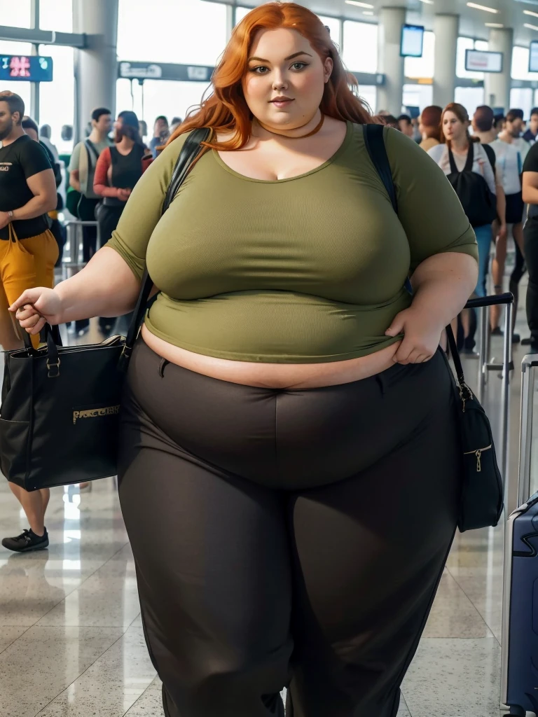 A plane passenger detailed photo of a Beautiful ginger SSBBW, with long wavy ginger hair, with big soft fat belly, thicc fat arms, thicc wide legs, big breast, in a cute green top tucked in her pants, and black pants, in an airport waiting for the plane, with one big shoulder bag