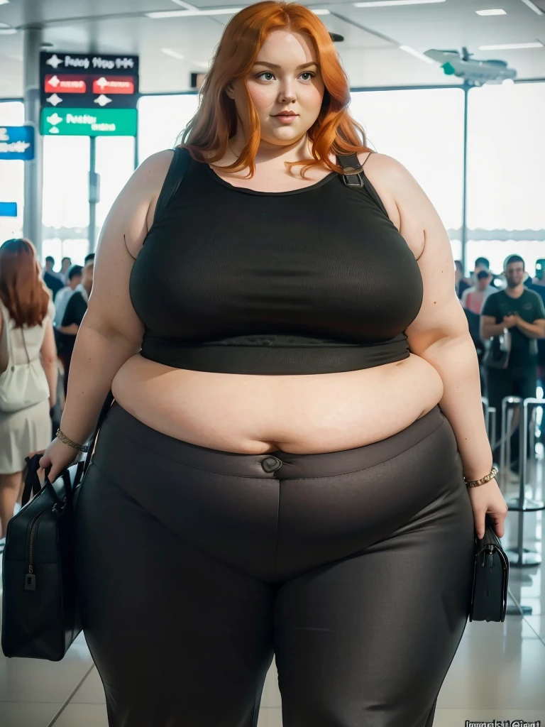 A plane passenger detailed photo of a Beautiful ginger SSBBW, with long wavy ginger hair, with big soft fat belly, thicc fat arms, thicc wide legs, big breast, in a cute green top tucked in her pants, and black pants, in an airport waiting for the plane, with one big shoulder bag