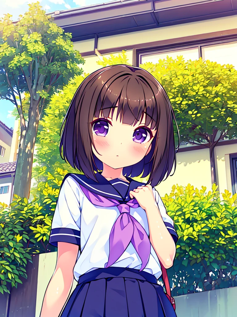 (High quality), (masterpiece), (very detailed), girl, (very small bust), short brown hair, purple eyes, shy face, (li), showing her thighs, on the school yard, sunny, camera angle from below, adorable eyes, (primar school uniform)