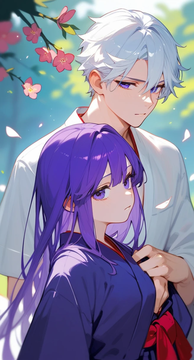 1boy, purple hair, pretty face, flower, hakama, try to hide the sadness, 1boy, white hair, try to cuddle