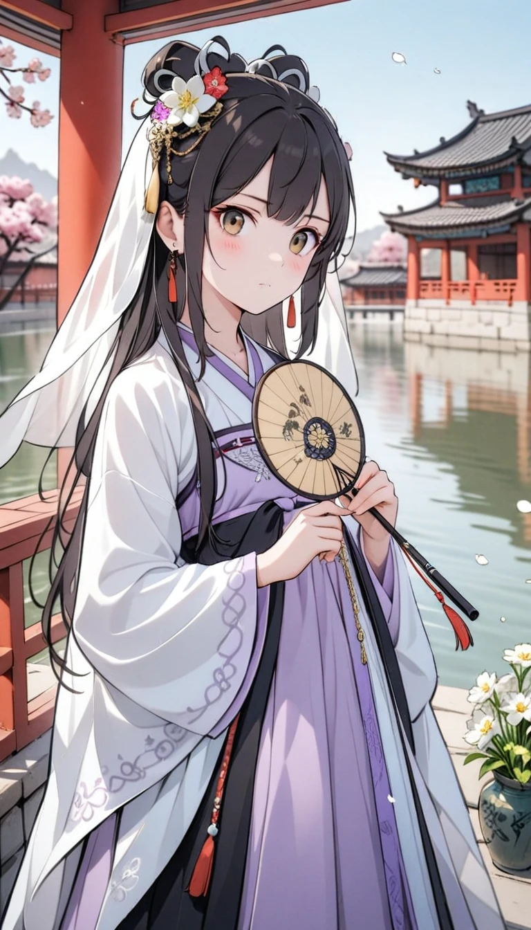 1 Girl,(Miyu Edelfeldt),,Solitary,Bangs,Brown_Eye,black hair,Hair Bun,Poker face,blush,flower,Beautiful and detailed_background,Small Breasts,Butterfly,(Purple gorgeous Hanfu, Jin style clothing),Gold trim,superior shan, Bust Skirt, cape coexist,earrings,mask,chain,face chain,((veil)),clearly,flower,General,x hair_Decorations,Hanfu,Keep_Round fan,((桃flower)),Jewelry,long_hair,Watching_exist_Viewer,suspicious,Sensitive,Solitary,tassel,tassel_earrings,superior_Body,(spring),Chinese architecture, Chinese, lake, Ancient Town, beautiful and meticulous wexister, (Fishing boexist), pavilion,steam,Surrounding by falling 桃flowers petals, He designed