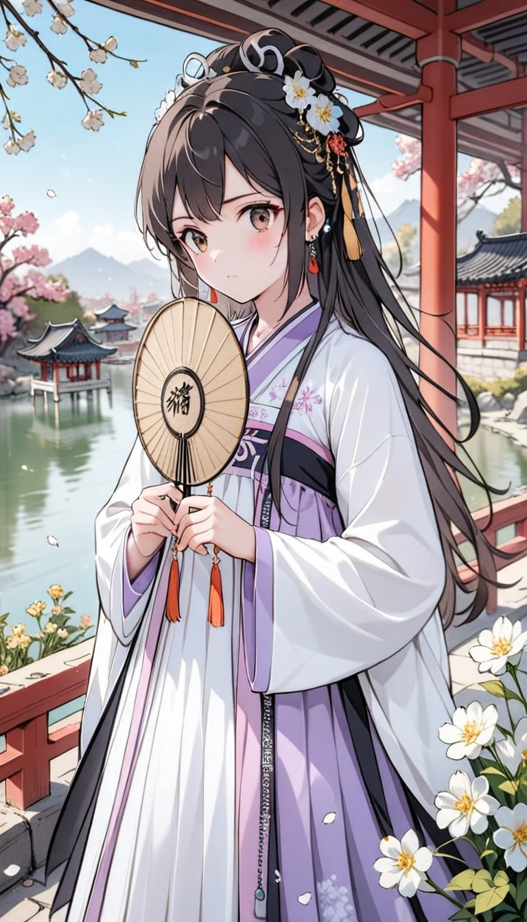 1 Girl,(Miyu Edelfeldt),,Solitary,Bangs,Brown_Eye,black hair,Hair Bun,Poker face,blush,flower,Beautiful and detailed_background,Small Breasts,Butterfly,(Purple gorgeous Hanfu, Jin style clothing),Gold trim,superior shan, Bust Skirt, cape coexist,earrings,mask,chain,face chain,((veil)),clearly,flower,General,x hair_Decorations,Hanfu,Keep_Round fan,((桃flower)),Jewelry,long_hair,Watching_exist_Viewer,suspicious,Sensitive,Solitary,tassel,tassel_earrings,superior_Body,(spring),Chinese architecture, Chinese, lake, Ancient Town, beautiful and meticulous wexister, (Fishing boexist), pavilion,steam,Surrounding by falling 桃flowers petals, He designed