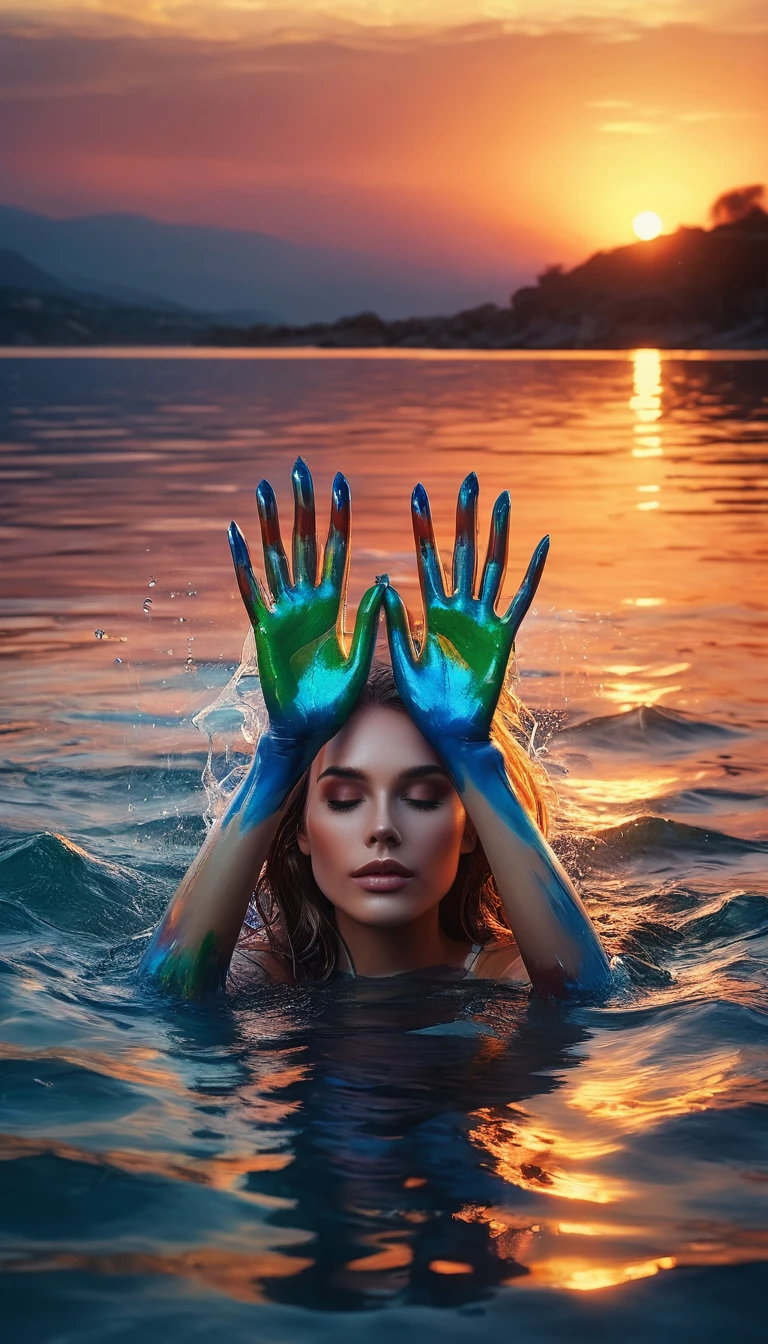 A woman with painted hands lies in the water at sunset, beautiful art uhd 4 k, realistische digitale Kunst 4k, realistische digitale Kunst 4 k, Beautiful digital artwork, 4k hochdetaillierte digitale Kunst, atemberaubende digitale Kunst, atemberaubende digitale Kunst, digitales Kunstwerk 4 k, 3d digital art 4k, digital art 4 k, digital art 4k