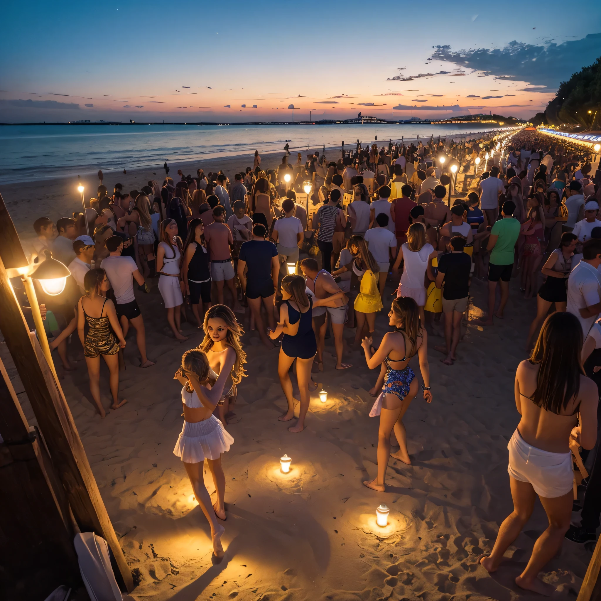 masterpiece, Best quality, ultra-realistic image, Embankment, party, women and men, beach, night, everyone is dressed in bright summer clothes. Party lights, music, ((dancing)), fun, many people, все танцуют на beachе, хороводы на beachе, lots of light from bulbs