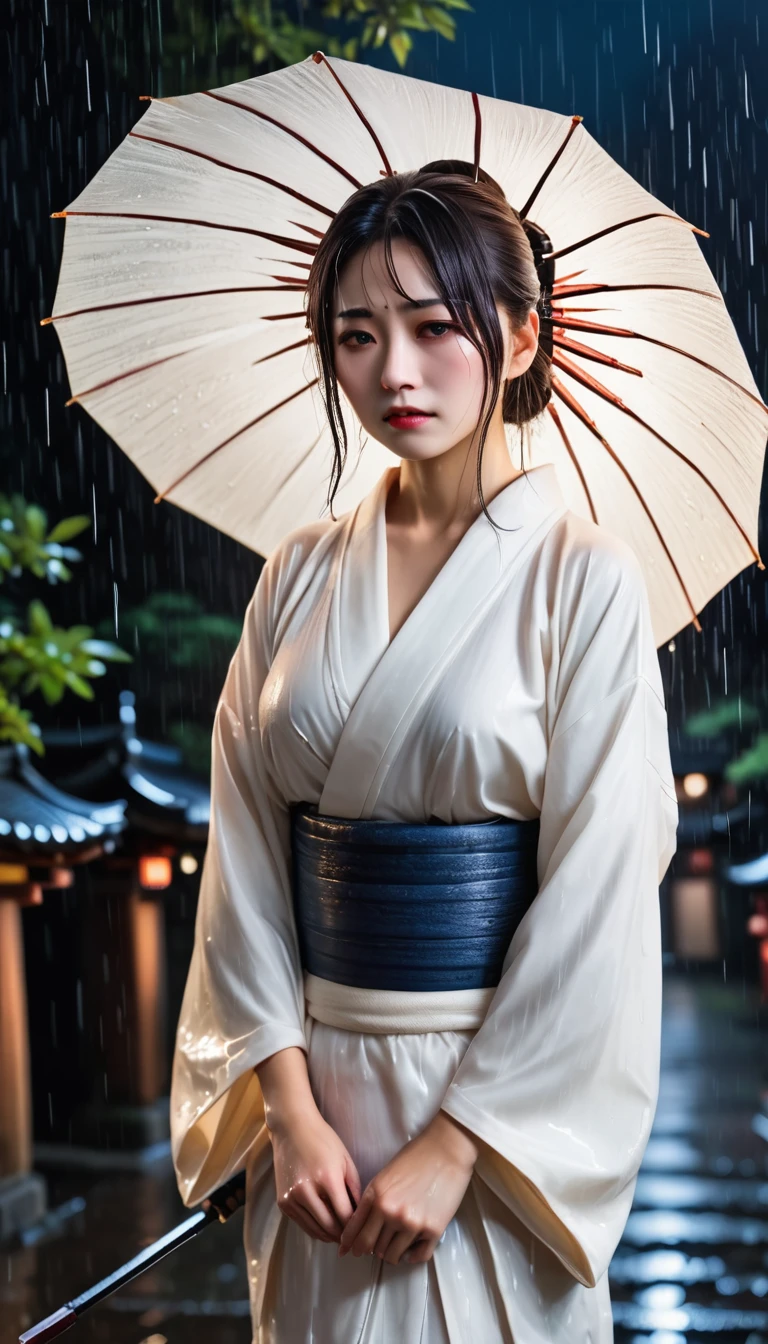 Woman Wet in the Rain, A sad, despairing face, Wearing a plain white kimono, I got soaked without an umbrella, Dark Japanese shrine at night, Realistic, Breathtakingly high-quality photos,