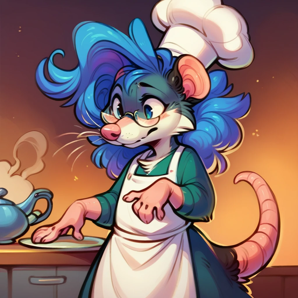 Rat chef, semi-anthropomorphic, hand on glasses, curious expression, detailed facial features, chef hat, apron, detailed clothing, complex textures, high quality, realistic, 8K, masterpiece, cinematic lighting, warm tones