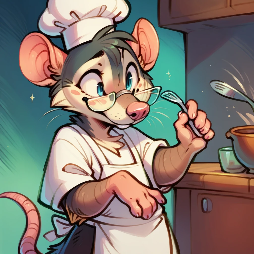 Rat chef, semi-anthropomorphic, hand on glasses, curious expression, detailed facial features, chef hat, apron, detailed clothing, complex textures, high quality, realistic, 8K, masterpiece, cinematic lighting, warm tones
