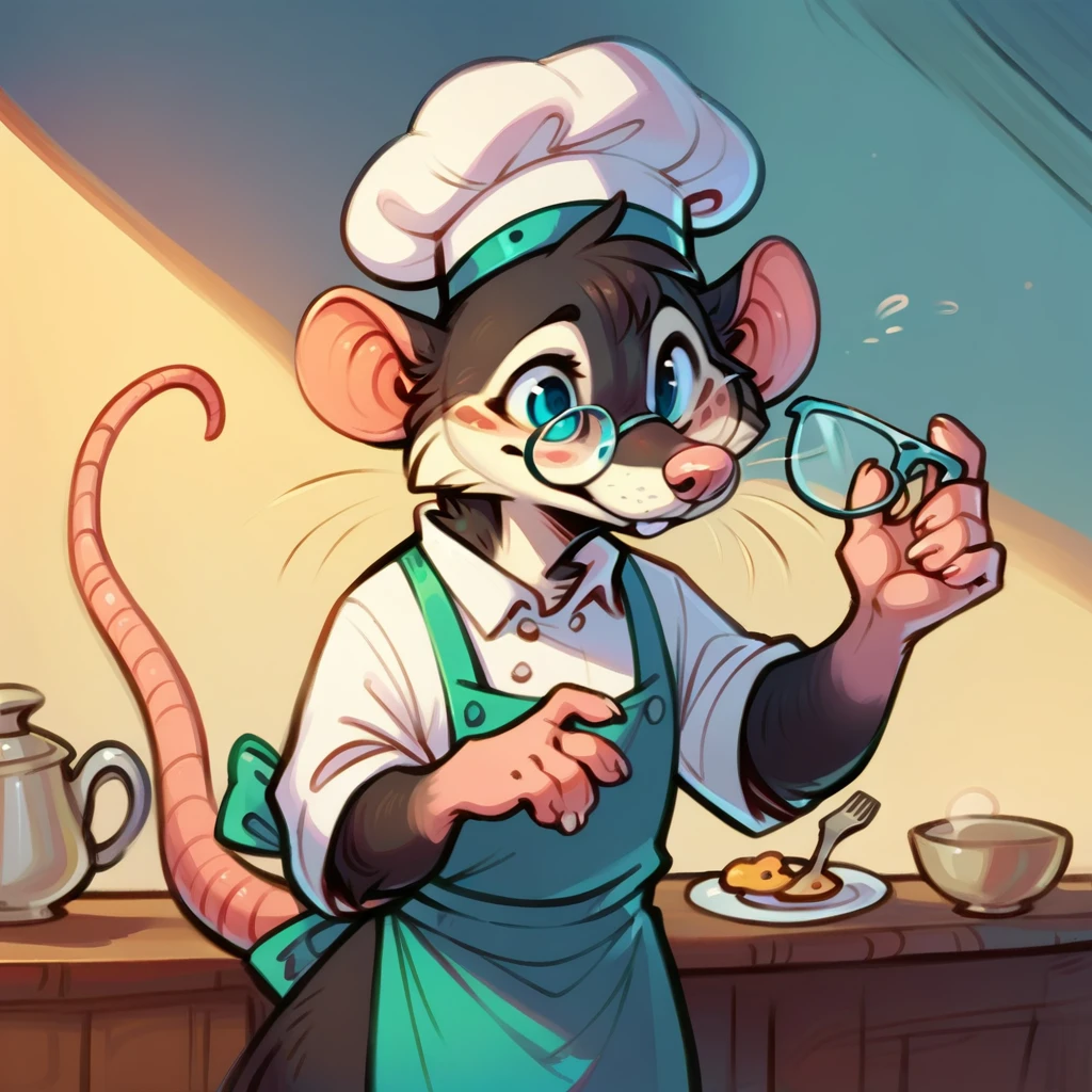 Rat chef, semi-anthropomorphic, hand on glasses, curious expression, detailed facial features, chef hat, apron, detailed clothing, complex textures, high quality, realistic, 8K, masterpiece, cinematic lighting, warm tones