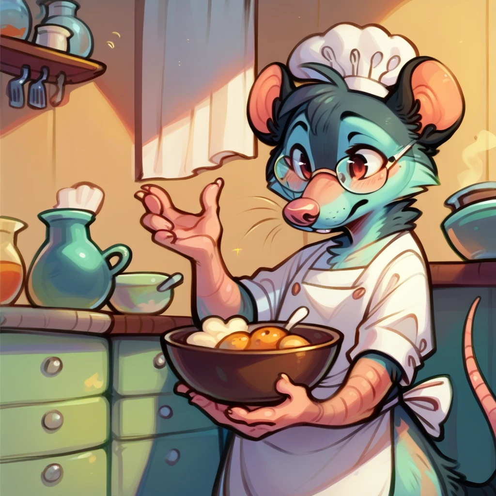 Rat chef, semi-anthropomorphic, hand on glasses, curious expression, detailed facial features, chef hat, apron, detailed clothing, complex textures, high quality, realistic, 8K, masterpiece, cinematic lighting, warm tones