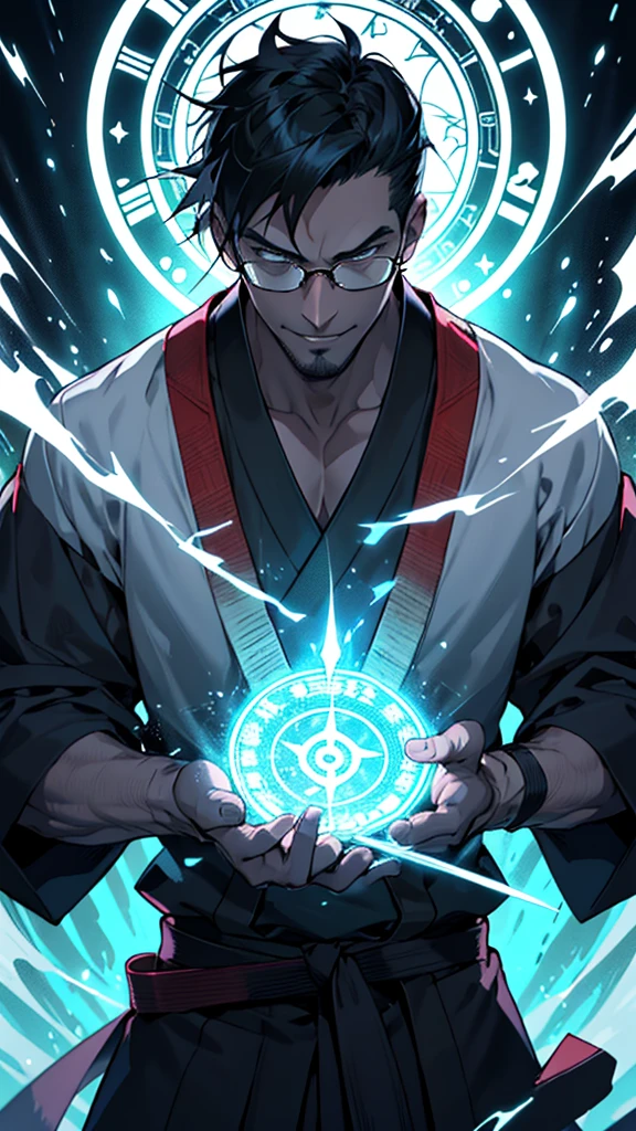 1 man, magic user, dark tone skin, short black hair, black rimmed glasses, necromancer, samurai, well dressed, very handsome, arrogant, smirking at viewer, interesting background, magic flowing around a samurai sword, blueish green magic circle, skulls, evil villian