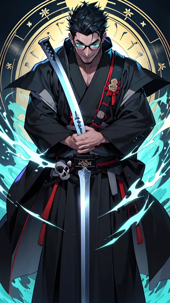 1 man, magic user, dark tone skin, short black hair, black rimmed glasses, necromancer, samurai, well dressed, very handsome, arrogant, smirking at viewer, interesting background, magic flowing around a samurai sword, blueish green magic circle, skulls, evil villian