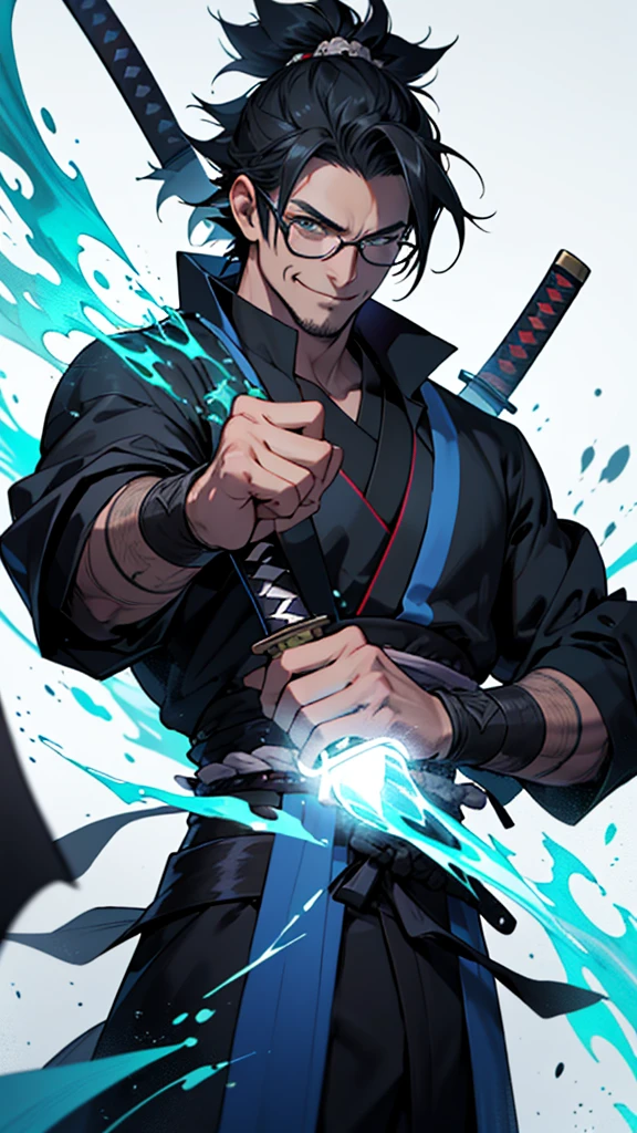 1 man, magic user, dark tone skin, short black hair, black rimmed glasses, necromancer, samurai, well dressed, very handsome, arrogant, smirking at viewer, interesting background, magic flowing around a samurai sword, blueish green magic circle, skulls, evil villian