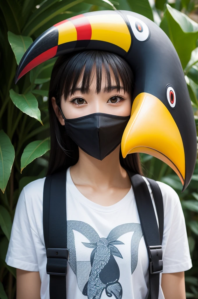 A person wearing a toucan mask