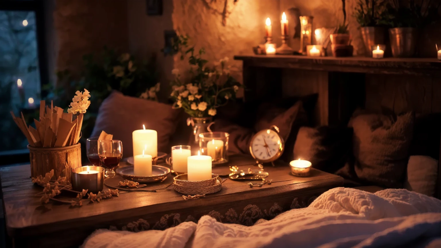 Watches and other items々A candle is lit on the table on which, Cozy candlelight, Cozy atmosphere, Cozy atmosphere, A pleasant and enchanting scene, Cozy atmosphere, Cozy atmosphere, Cozy and quiet atmosphere, Romantic atmosphere, Cozy atmosphere, Night atmosphere, Beautiful atmosphere, room full of candles, Candlelit, Romantic atmosphere, Cozy place, Beautiful atmosphere