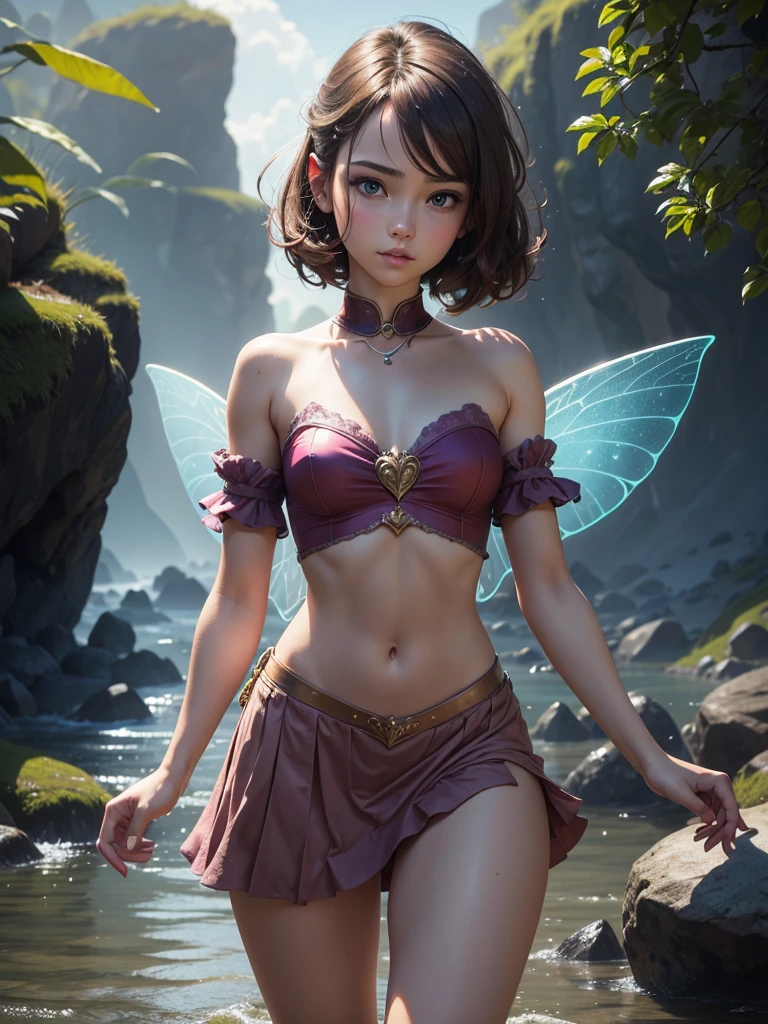 a beatiful , fairy, showing your body, showing your charm, perfect body, small waist. Wearing short clothes, dynamic pose. Smaldelicade girl, cute girl. Ultra resolution, baby face, cuthegao, large tongue, showing tongue, baby face, perfect eyes anatomy, perfect hand, perfect body. 8k ultra hd, ultra definition, photorealistic digital art, high quality illumination, high definition textures. Cinematic ambience, fantasy background, sexy pose, nipples