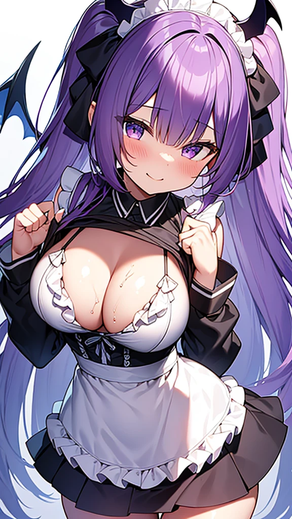最high quality, high quality, Super detailed, 16K, Ultra-detailed details, pretty girl, alone, beautiful purple hair, Beautiful purple eyes, Big Breasts, A light smile, Summer clothes, Summer Maid clothes, I'm lifting my skirt, Blue and white color striped underwear(Bikini swimsuit under skirt), My crotch is wet with love juice, {{A succubus who steals the face skin and maid uniform from the girl she likes and plays pranks on her、I'm wearing a maid outfit while pretending to be the girl I like.}}, Full body image, NSFW