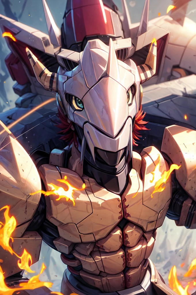 Masterpieces,official art,anthro,male,(wargreymon:1.2),Delicate face,Delicate eyes,helmet, armor, horn, digimon, upper body, depth of field, perfect lighting, light particles,(best quality),(masterpiece),(ultra detailed),sharp focus,light particles shining body in flames