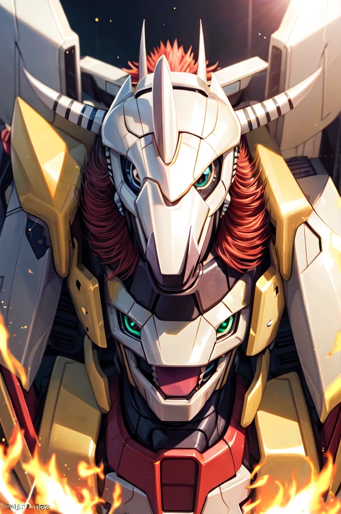 Masterpieces,official art,anthro,male,(wargreymon:1.2),Delicate face,Delicate eyes,helmet, armor, horn, digimon, upper body, depth of field, perfect lighting, light particles,(best quality),(masterpiece),(ultra detailed),sharp focus,light particles shining body in flames