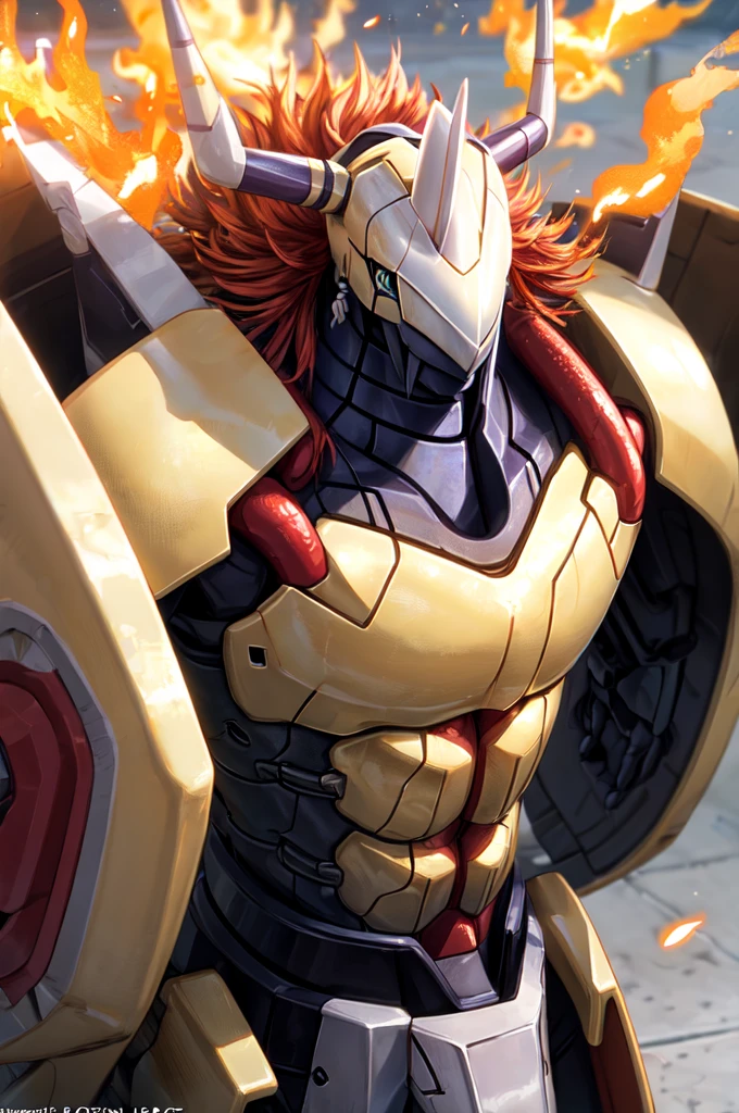 Masterpieces,official art,anthro,male,(wargreymon:1.2),Delicate face,Delicate eyes,helmet, armor, horn, digimon, upper body, depth of field, perfect lighting, light particles,(best quality),(masterpiece),(ultra detailed),sharp focus,light particles shining body in flames