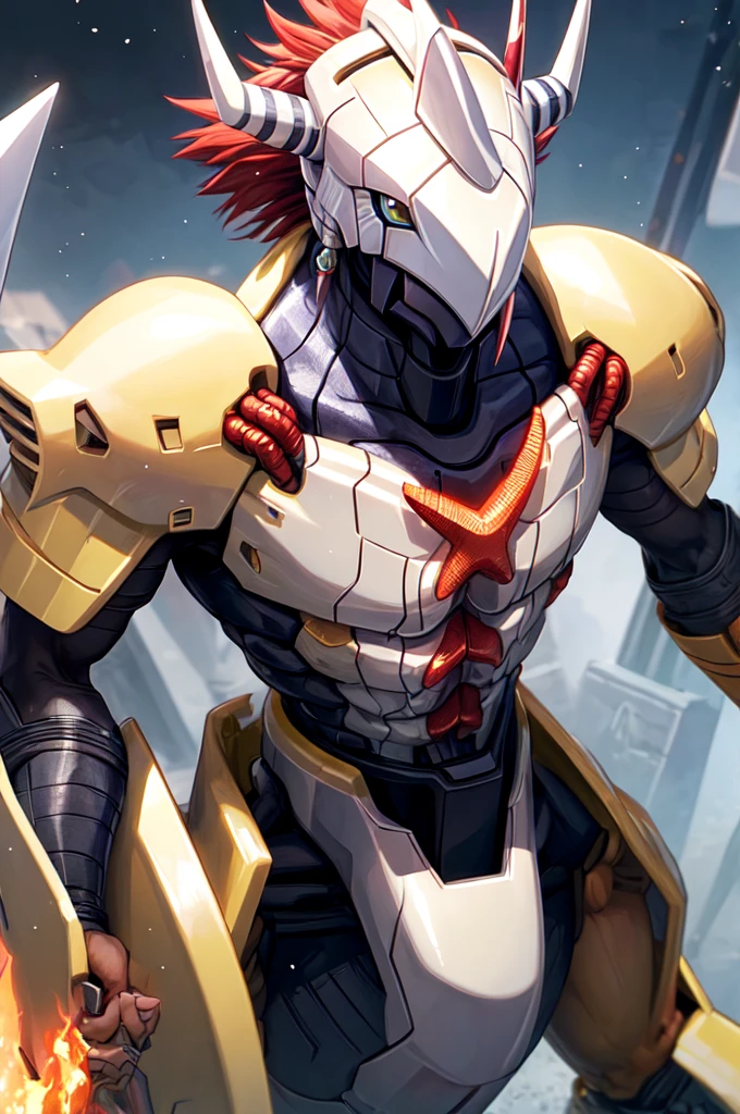 Masterpieces,official art,anthro,male,(wargreymon:1.2),Delicate face,Delicate eyes,helmet, armor, horn, digimon, upper body, depth of field, perfect lighting, light particles,(best quality),(masterpiece),(ultra detailed),sharp focus,light particles shining body in flames