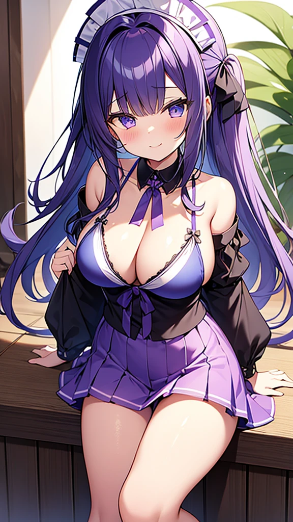 最high quality, high quality, 16K full body image, Ultra-detailed details, pretty girl, alone, beautiful purple hair, Beautiful purple eyes, Big Breasts, A light smile, Summer clothes, Summer Maid clothes, I'm lifting my skirt, Blue and white color striped underwear(Bikini swimsuit under skirt), My crotch is wet with love juice, {{A succubus who steals the face skin and maid uniform from the girl she likes and plays pranks on her、I&#39;m wearing a maid outfit while pretending to be the girl I like.}}, The girl I like is a high school girl, Full body image, NSFW