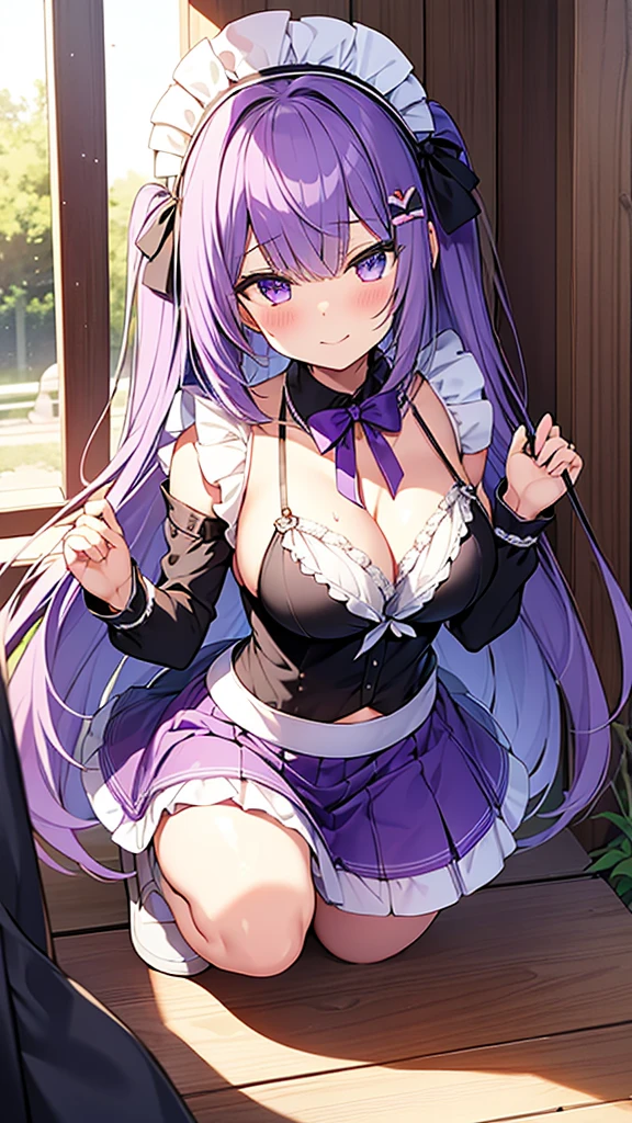 最high quality, high quality, 16K full body image, Ultra-detailed details, pretty girl, alone, beautiful purple hair, Beautiful purple eyes, Big Breasts, A light smile, Summer clothes, Summer Maid clothes, I'm lifting my skirt, Blue and white color striped underwear(Bikini swimsuit under skirt), My crotch is wet with love juice, {{A succubus who steals the face skin and maid uniform from the girl she likes and plays pranks on her、I&#39;m wearing a maid outfit while pretending to be the girl I like.}}, The girl I like is a high school girl, Full body image, NSFW