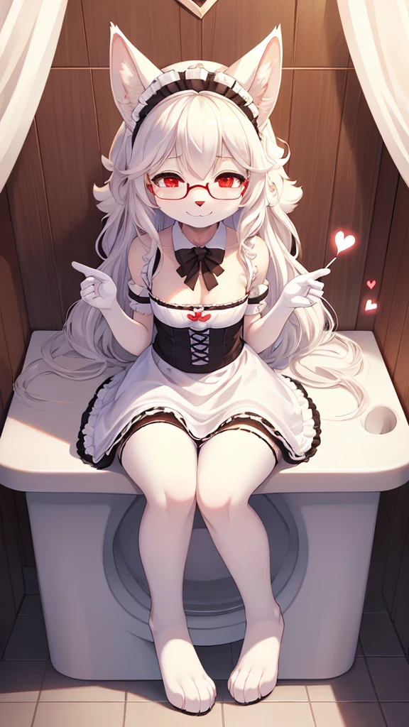best quality,Optimal resolution,(Fluffy anthropomorphic furry :1.6),(young :1.6),White Rabbit Girl,Small Breasts,White hair,Long hair,curls,Curly hair,White rabbit ears,White rabbit tail,White fur,Red Eyes,Sparkling eyes,Shining eyes,Glasses,Bow,maid outfit,Maid headdress,Maid gloves,Ruffles,Beautiful cafe toilet,White light,Looking at the audience,Full flush,s face,Smile,heart shape eye,Heart shaped eyes,shiny ,Eyes very close,Close your eyes,Sexy pose,Shy,Sitting on the toilet,Sitting on the toilet