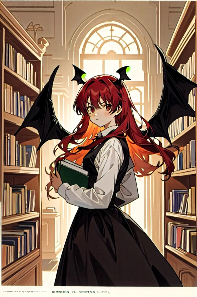 Koakuma, Alone, looking at viewer, Serious, holding book, bookshelf